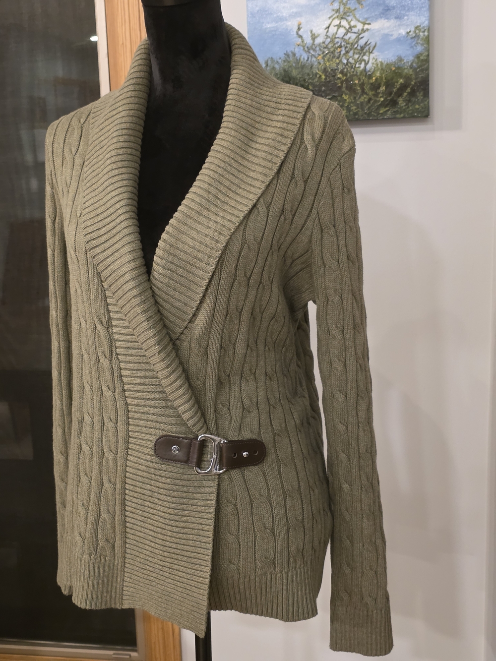 Lauren Ralph Lauren Buckle-Trim Cable Shawl-Collar Cardigan/Olive- Large